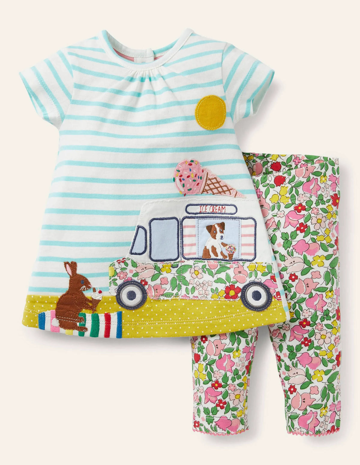 Appliqué Dress & Leggings Set-Ivory/Aqua Blue Truck