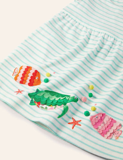 Striped Appliqué Jersey Dress-Ivory/Georgian Blue Fish