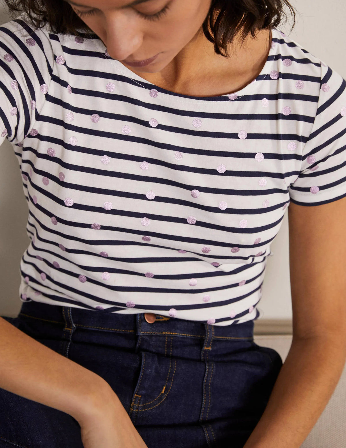 Short Sleeve Breton T-Shirt-Pink Foil Spot