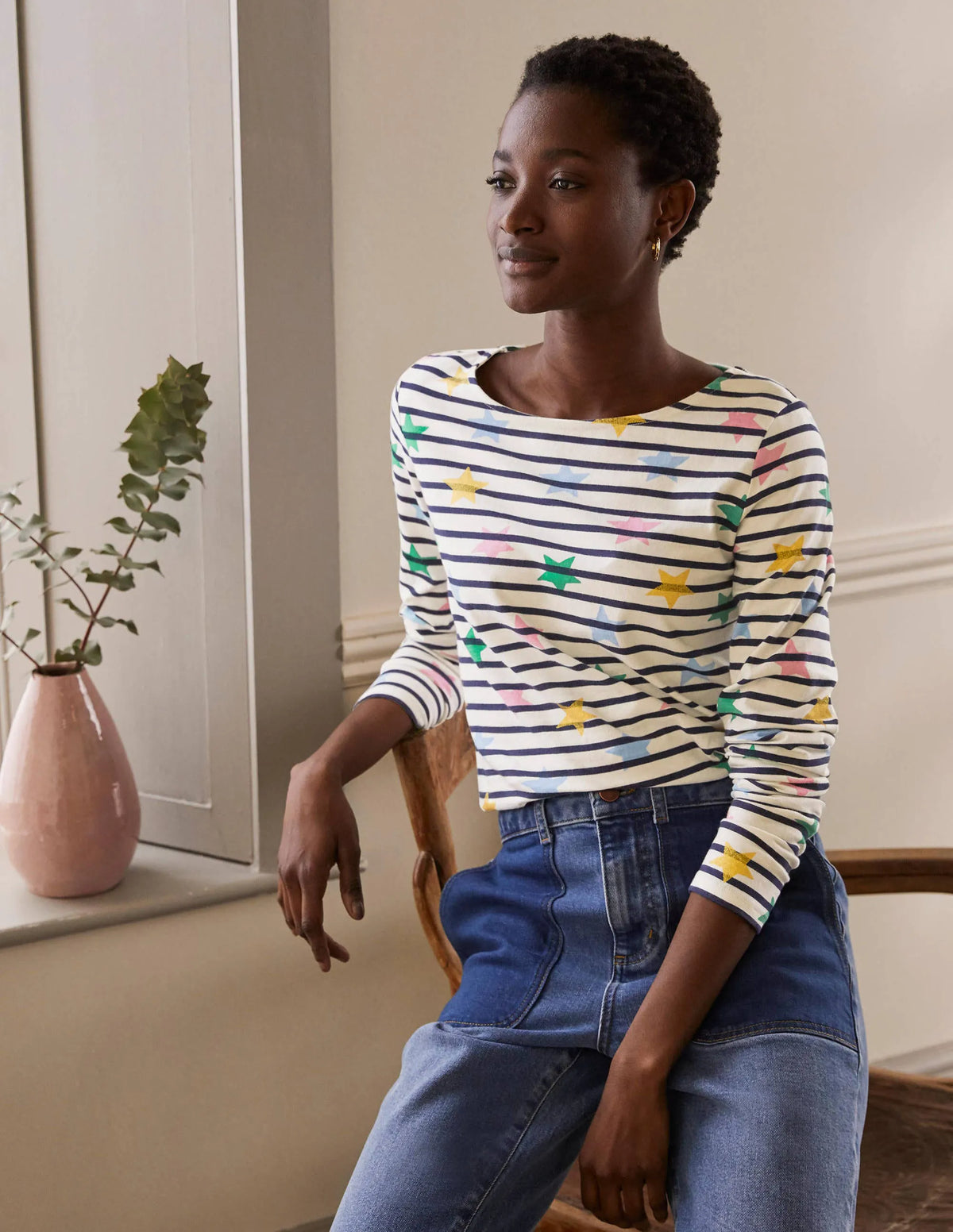 Long Sleeve Breton Top-Ivory/ Navy, Multi Star
