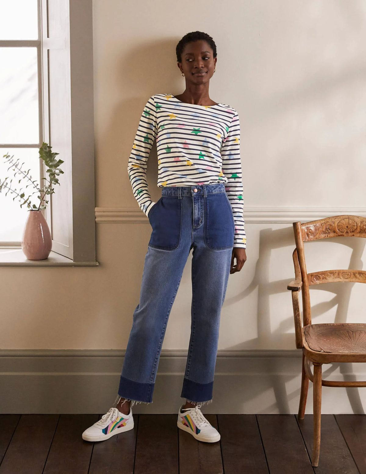 Long Sleeve Breton Top-Ivory/ Navy, Multi Star