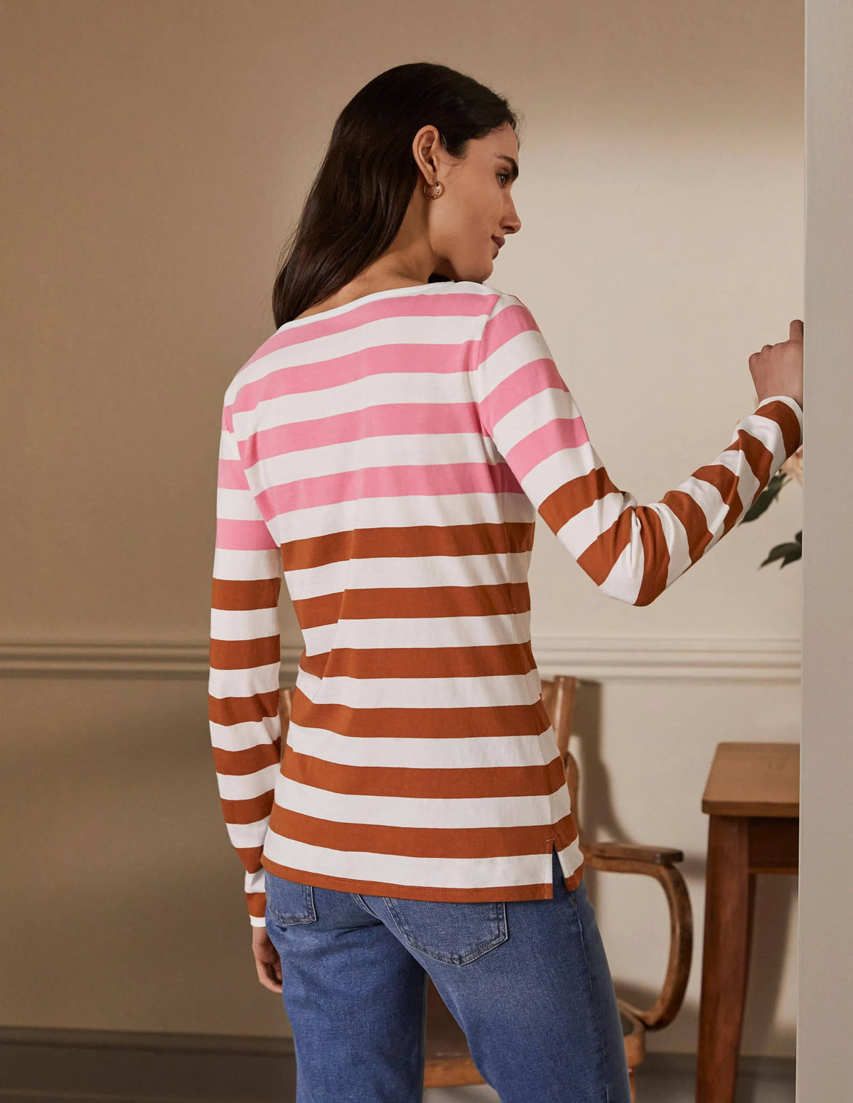 Long Sleeve Breton Top-Pink/ Red Oak Stripe