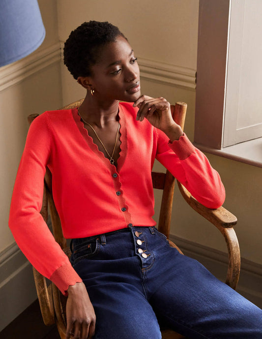 Merino Scallop Trim Cardigan-Cherry Red