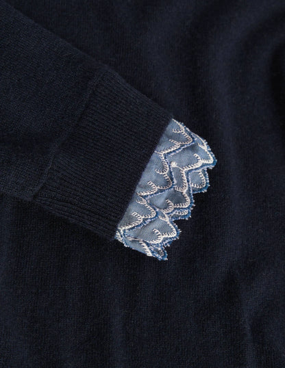 Lydia Woven Frill Sweater-Navy
