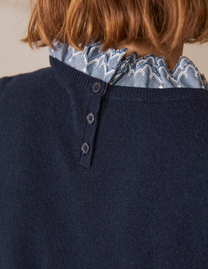 Lydia Woven Frill Sweater-Navy