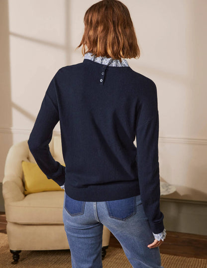 Lydia Woven Frill Sweater-Navy