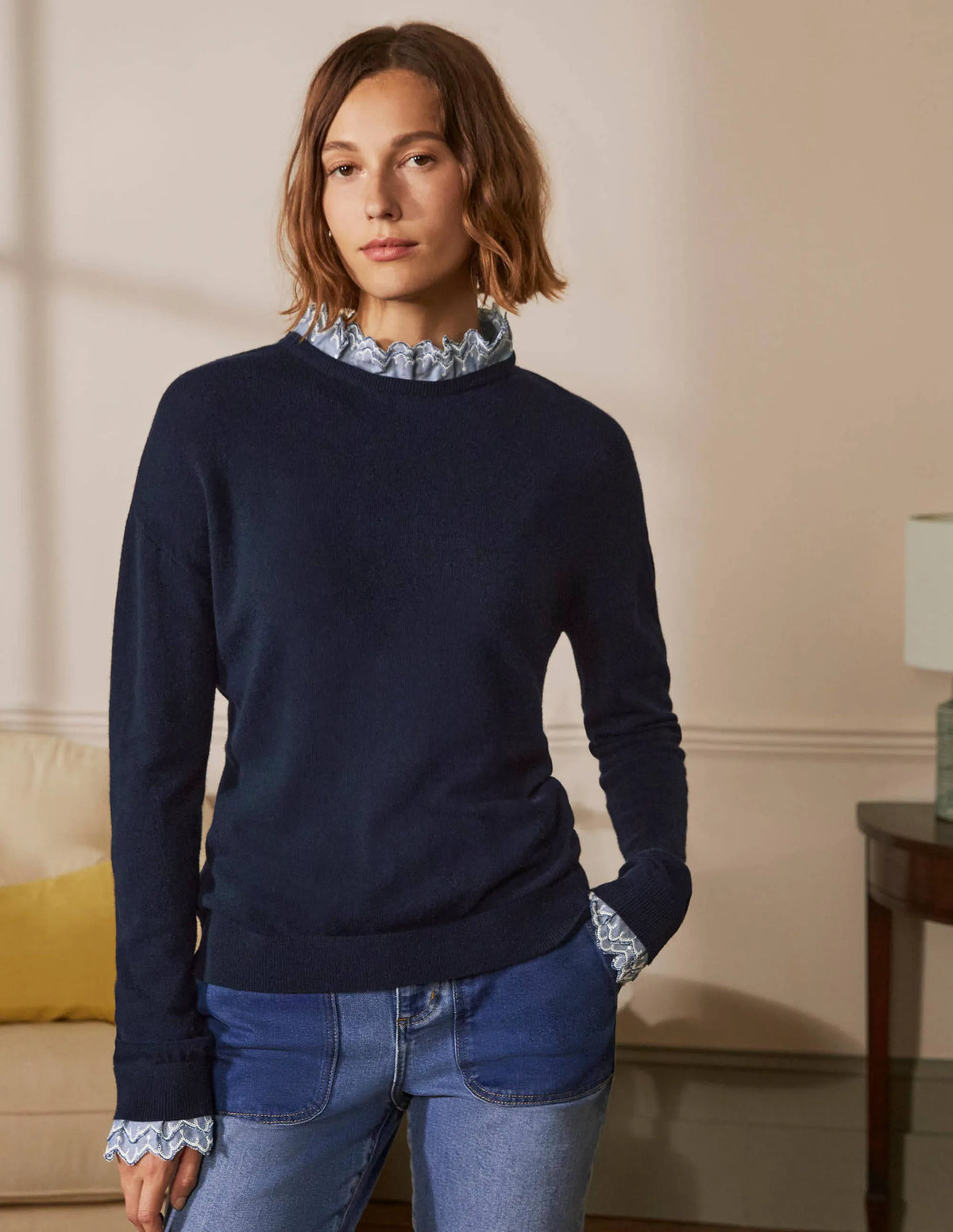 Lydia Woven Frill Sweater-Navy