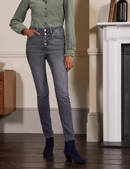 Button Fly Skinny Jeans-Authentic Grey
