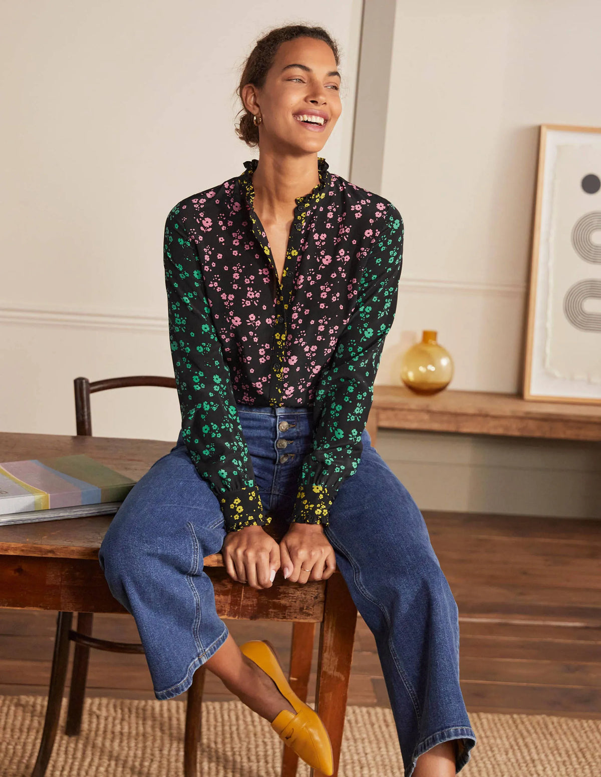 Ruffle Silk Shirt-Black and Azalea, Floral Sprig