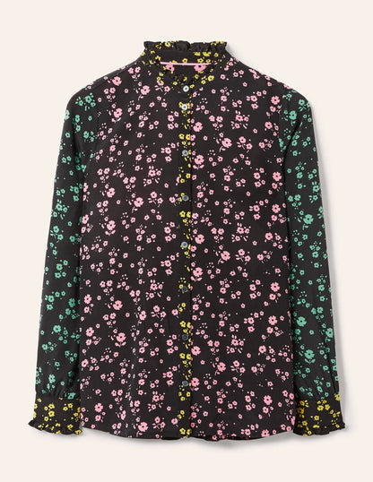 Ruffle Silk Shirt-Black and Azalea, Floral Sprig