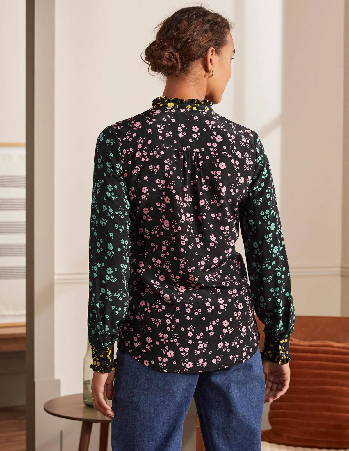 Ruffle Silk Shirt-Black and Azalea, Floral Sprig