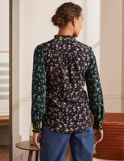 Ruffle Silk Shirt-Black and Azalea, Floral Sprig