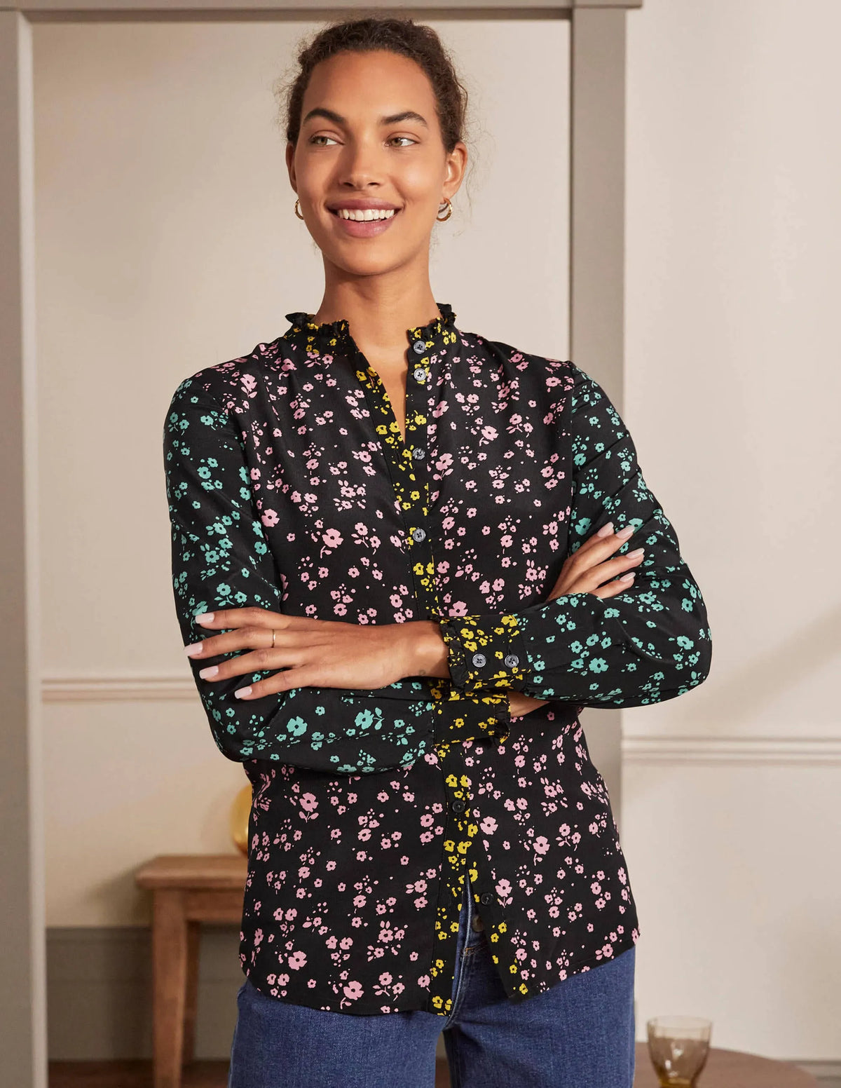 Ruffle Silk Shirt-Black and Azalea, Floral Sprig