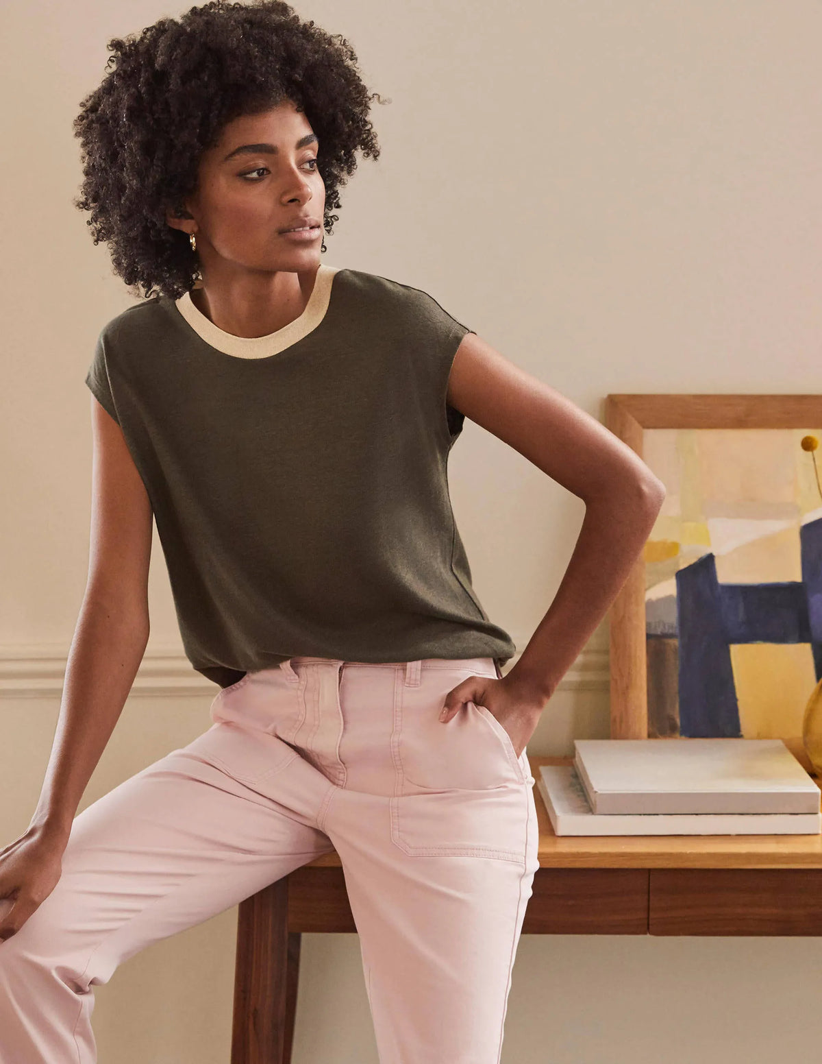 Linen Sparkle Short Sleeve Tee-Classic Khaki
