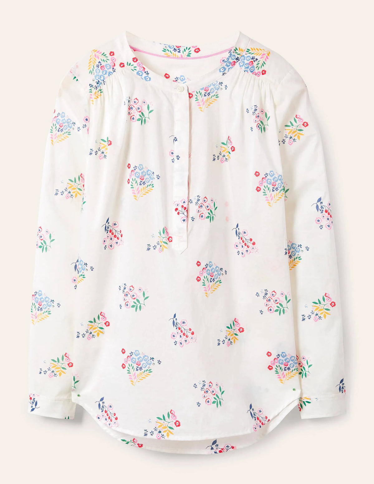 Relaxed Popover Cotton Shirt-Ivory, Delicate Sprig
