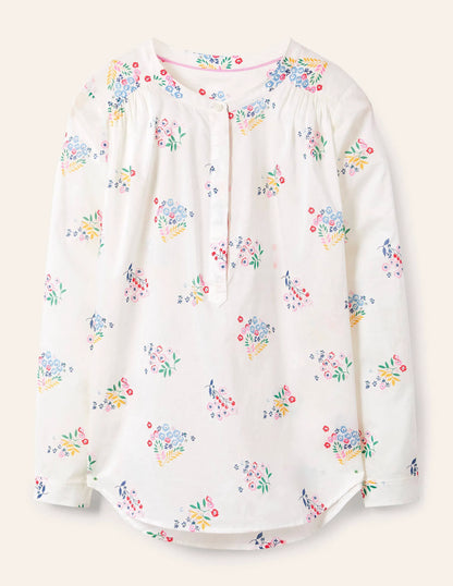 Relaxed Popover Cotton Shirt-Ivory, Delicate Sprig
