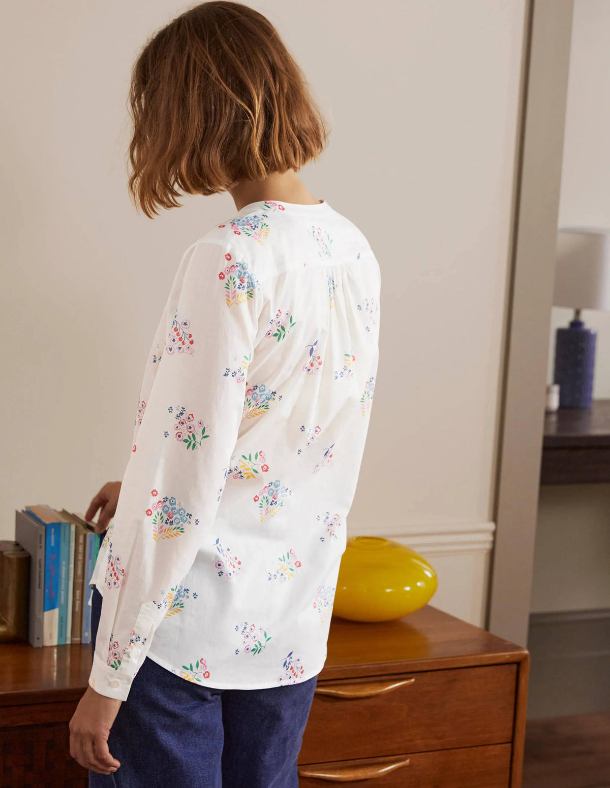 Relaxed Popover Cotton Shirt-Ivory, Delicate Sprig