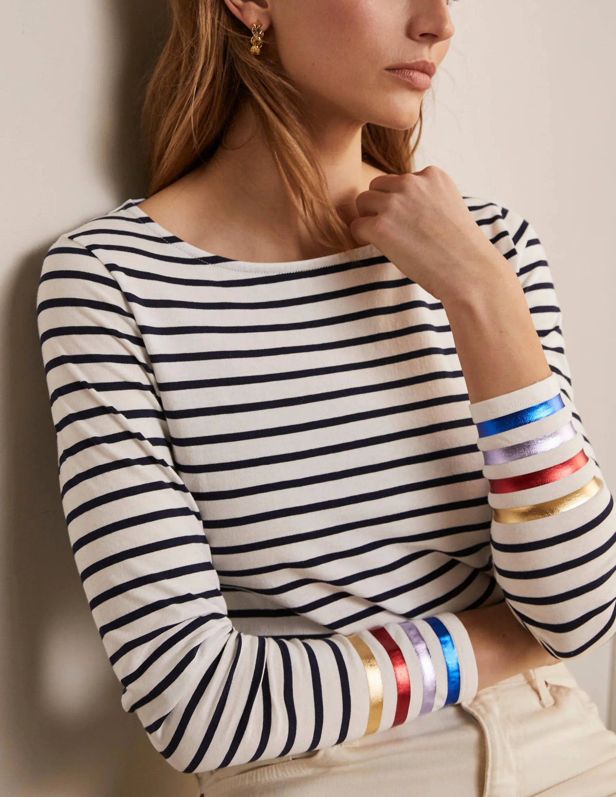 Long Sleeve Breton Top-Multi Stripe Foil Cuff