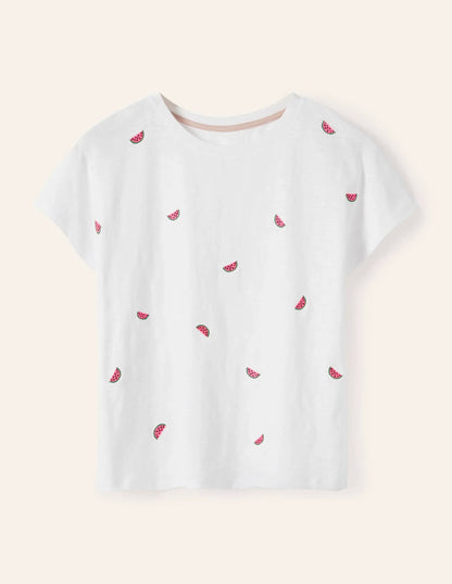 Lena Embroidered Jersey Tee-White, Embroidered Watermelons