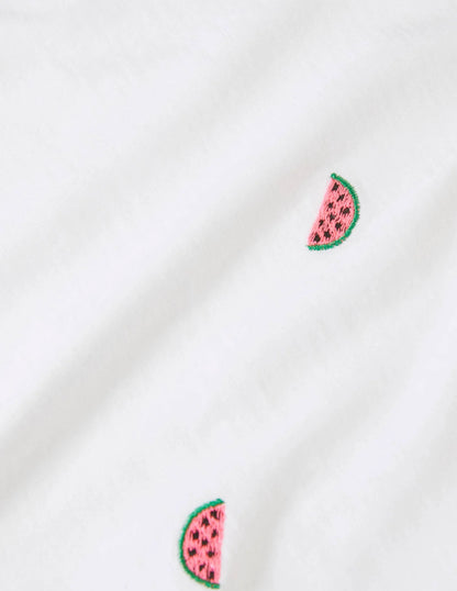 Lena Embroidered Jersey Tee-White, Embroidered Watermelons