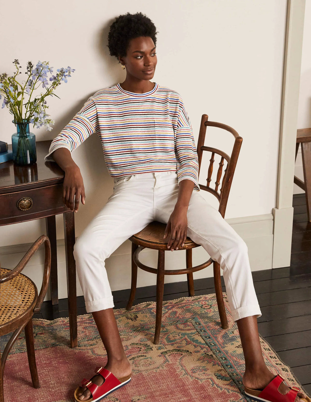 Ottilie Linen Jersey Top-Metallic Rainbow Multi Stripe