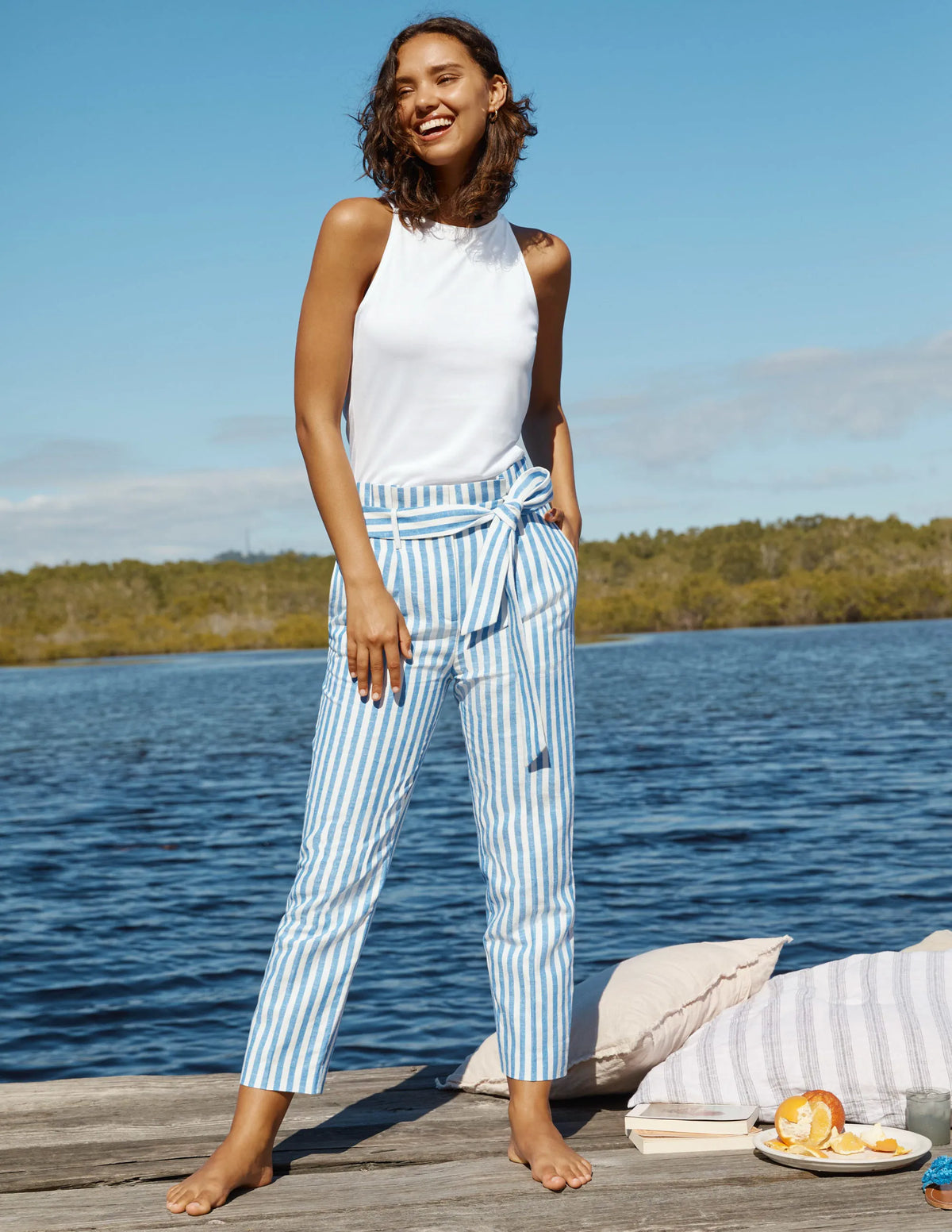 Ludgate Paperbag Pants-Moroccan Blue Stripe