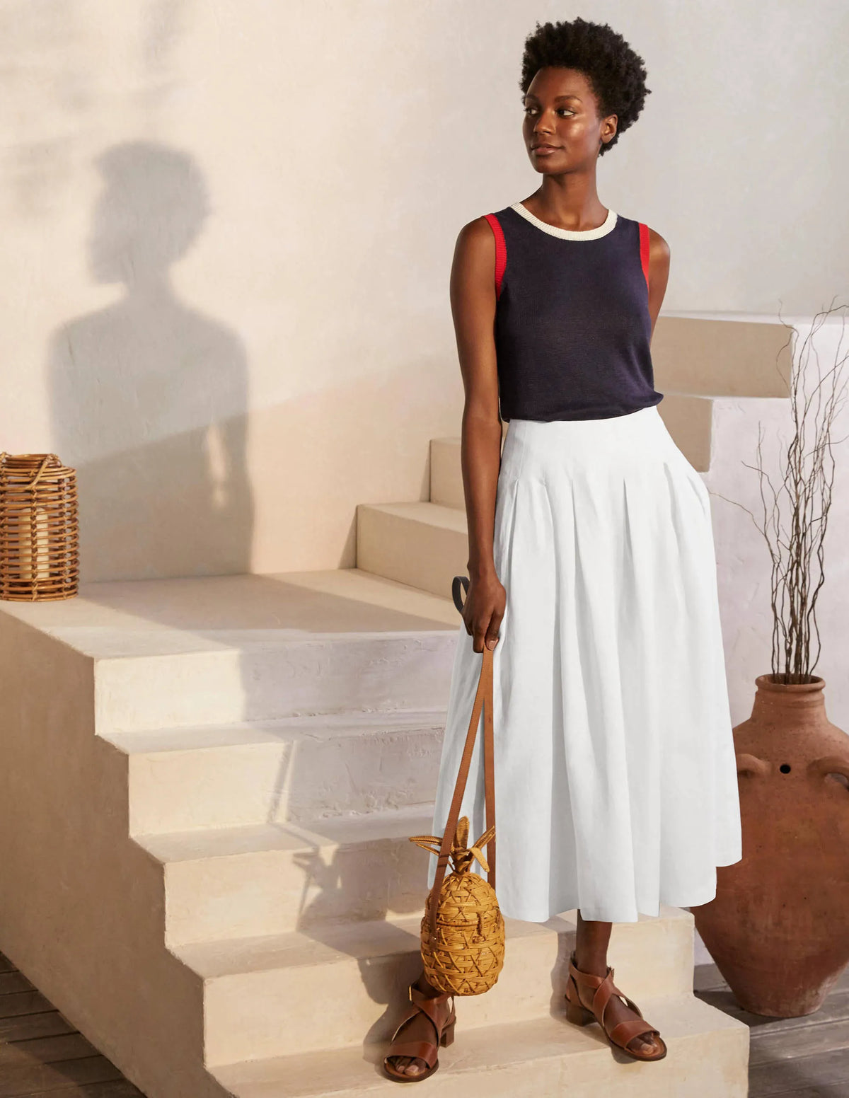 Lydia Linen Pleated Skirt-White