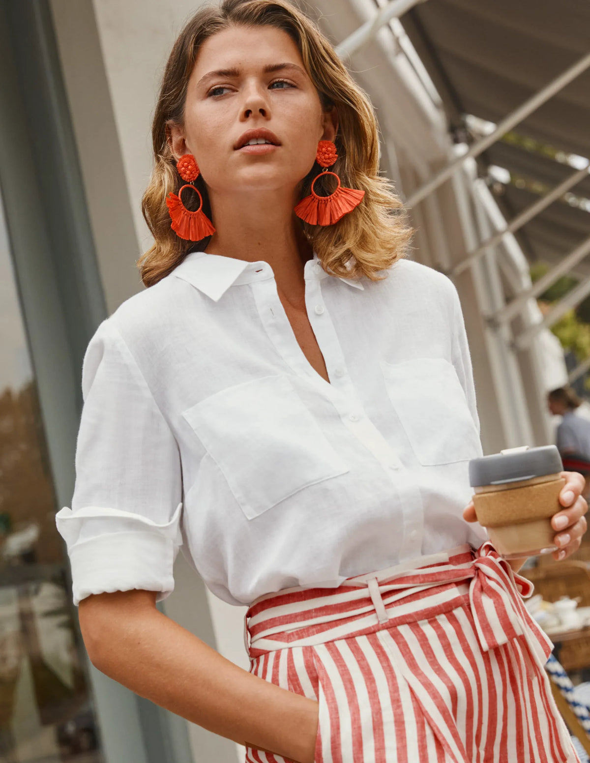 Alma Tie Waist Linen Shorts-Cherry Red Stripe