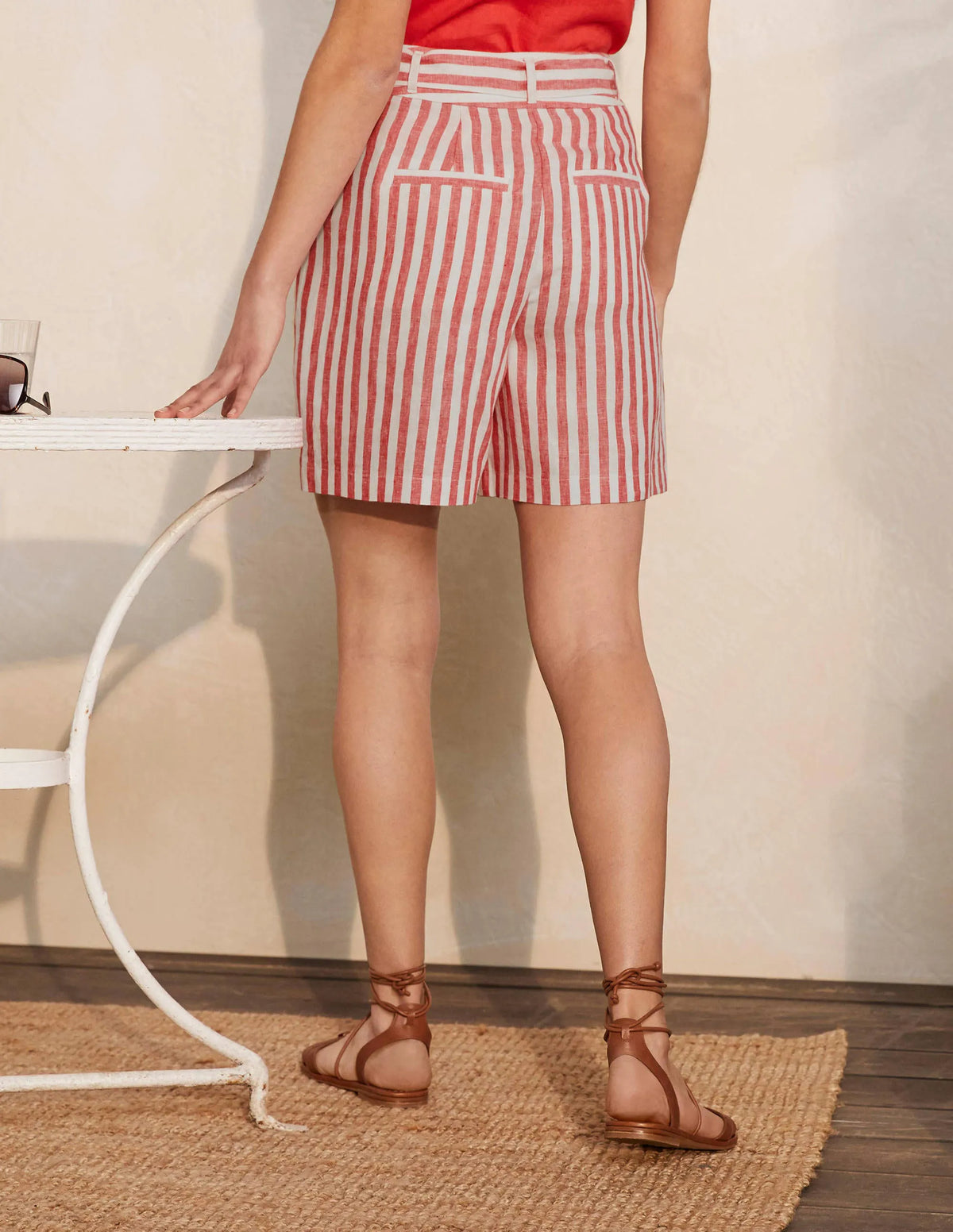 Alma Tie Waist Linen Shorts-Cherry Red Stripe