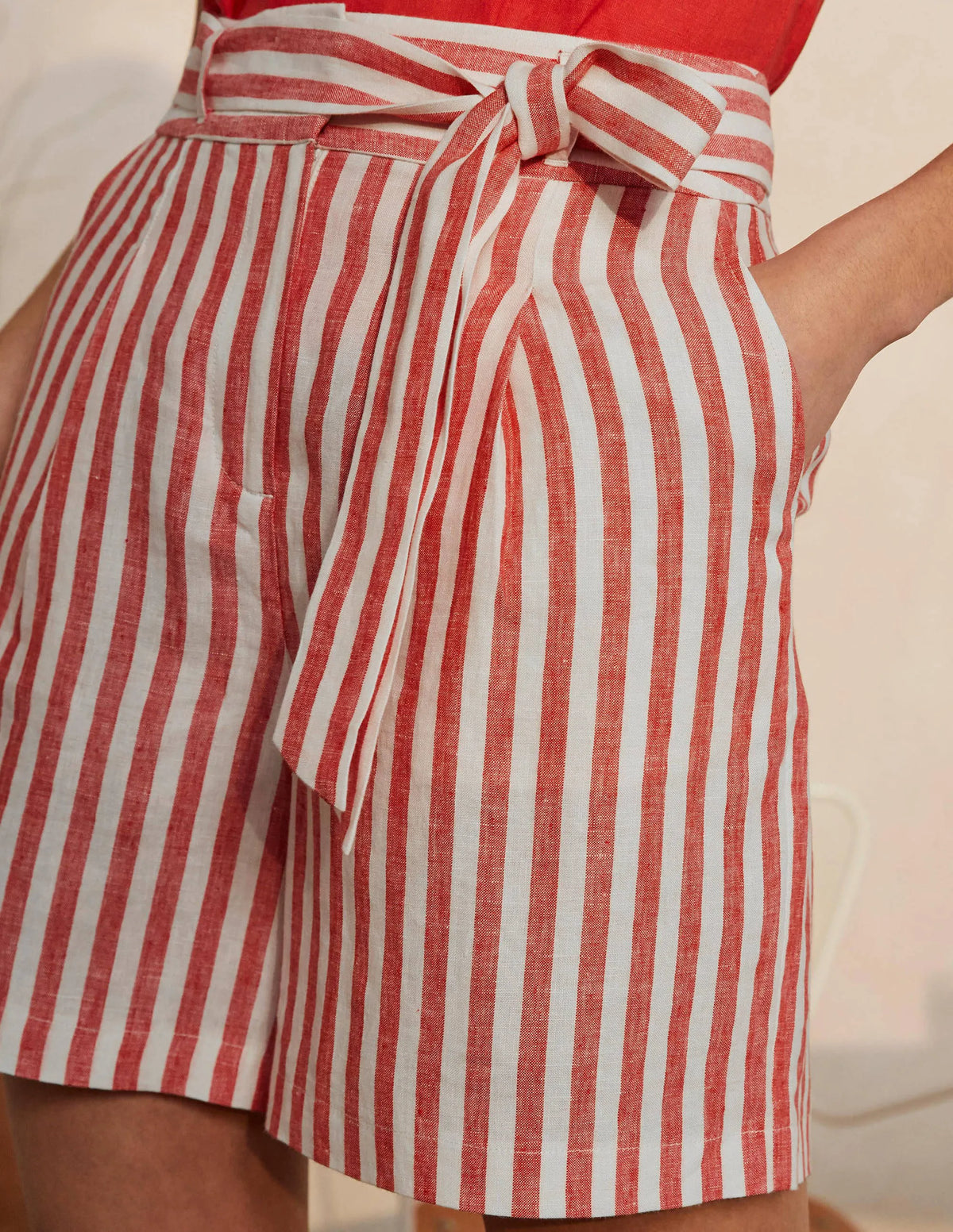 Alma Tie Waist Linen Shorts-Cherry Red Stripe