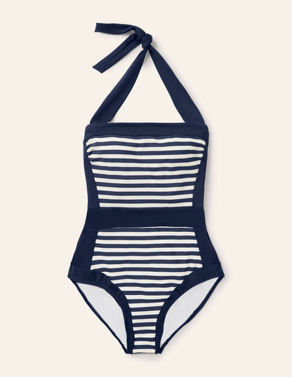Santorini Halterneck Swimsuit-French Navy, Ivory Stripe