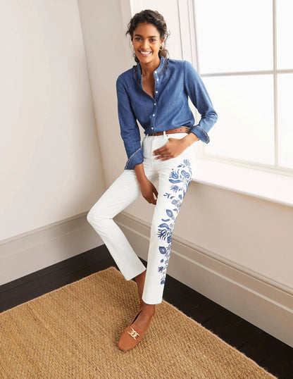 Girlfriend Jeans-White Embroidered