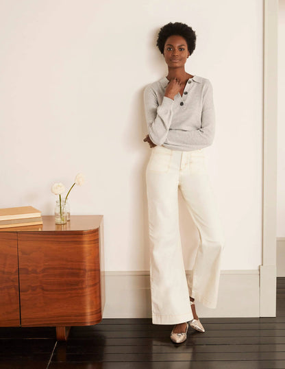 Patch Pocket Wide Leg Jeans-Ivory
