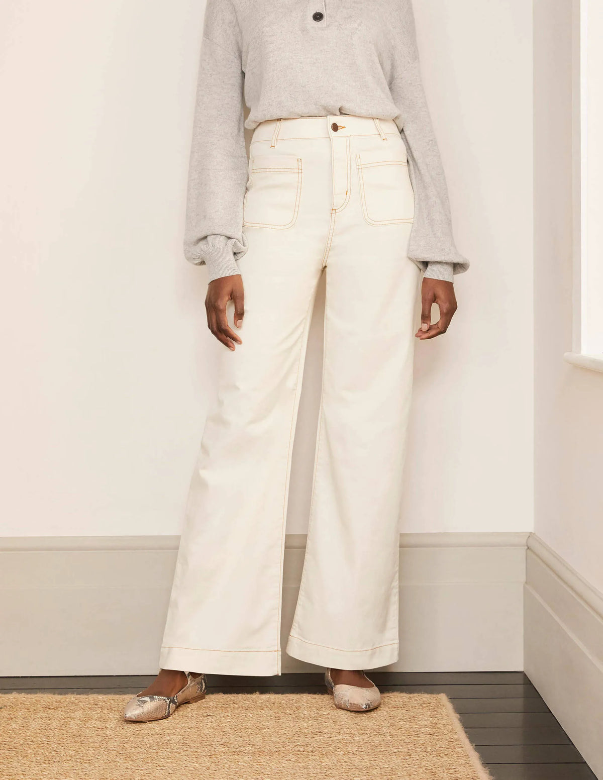 Patch Pocket Wide Leg Jeans-Ivory