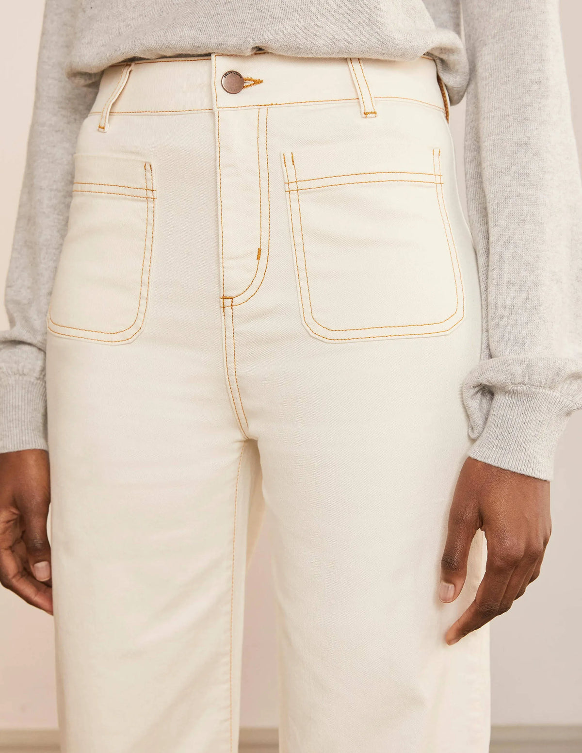 Patch Pocket Wide Leg Jeans-Ivory