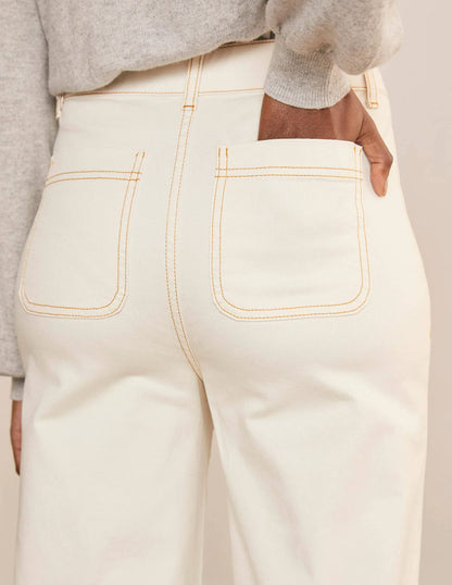 Patch Pocket Wide Leg Jeans-Ivory
