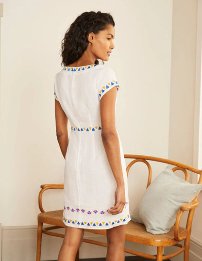 Laura Linen Embroidered Dress-White