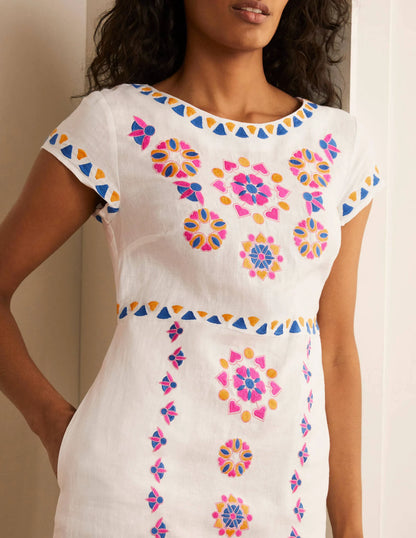 Laura Linen Embroidered Dress-White