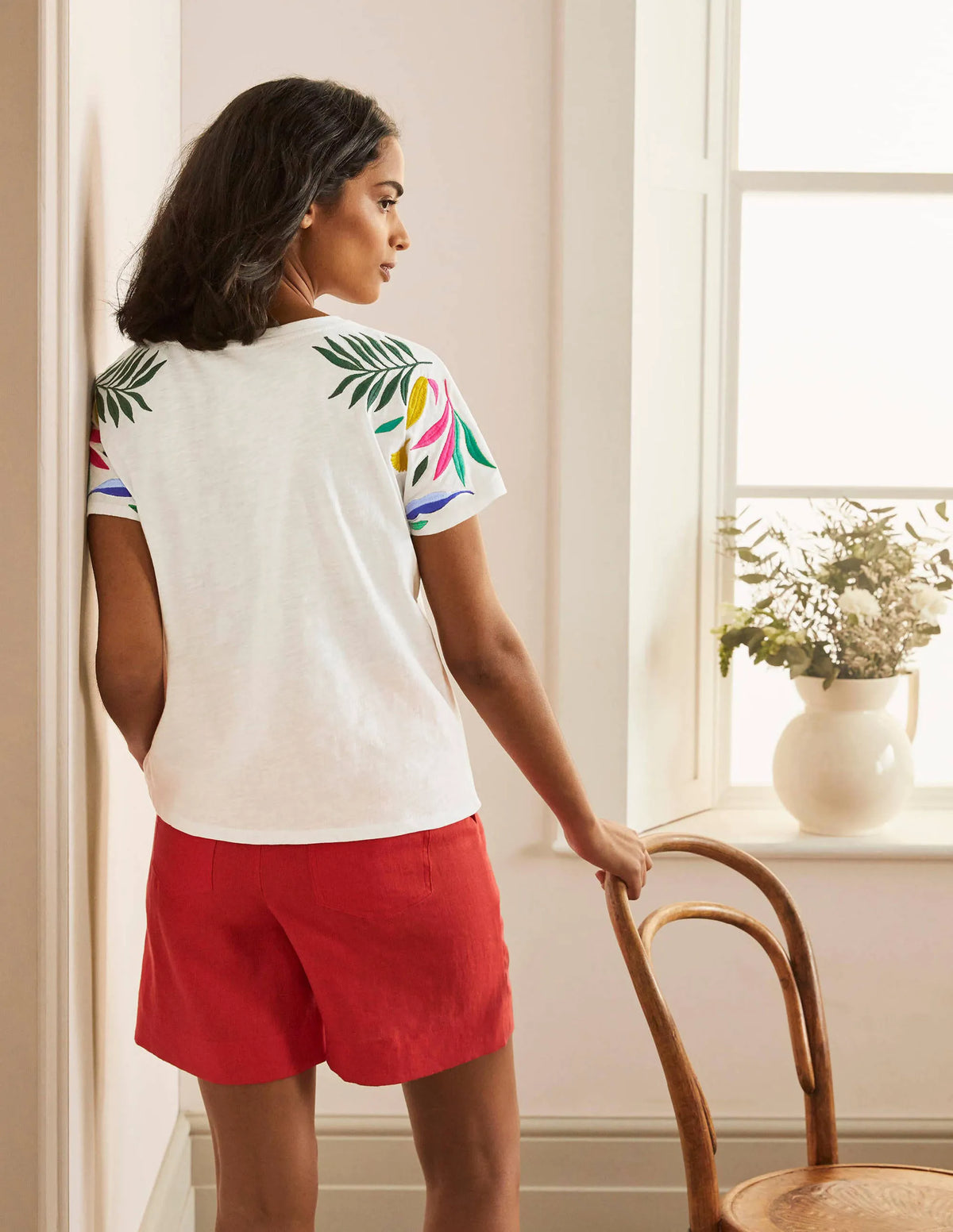 Lena Embroidered Jersey Tee-White, Multi Embroidery