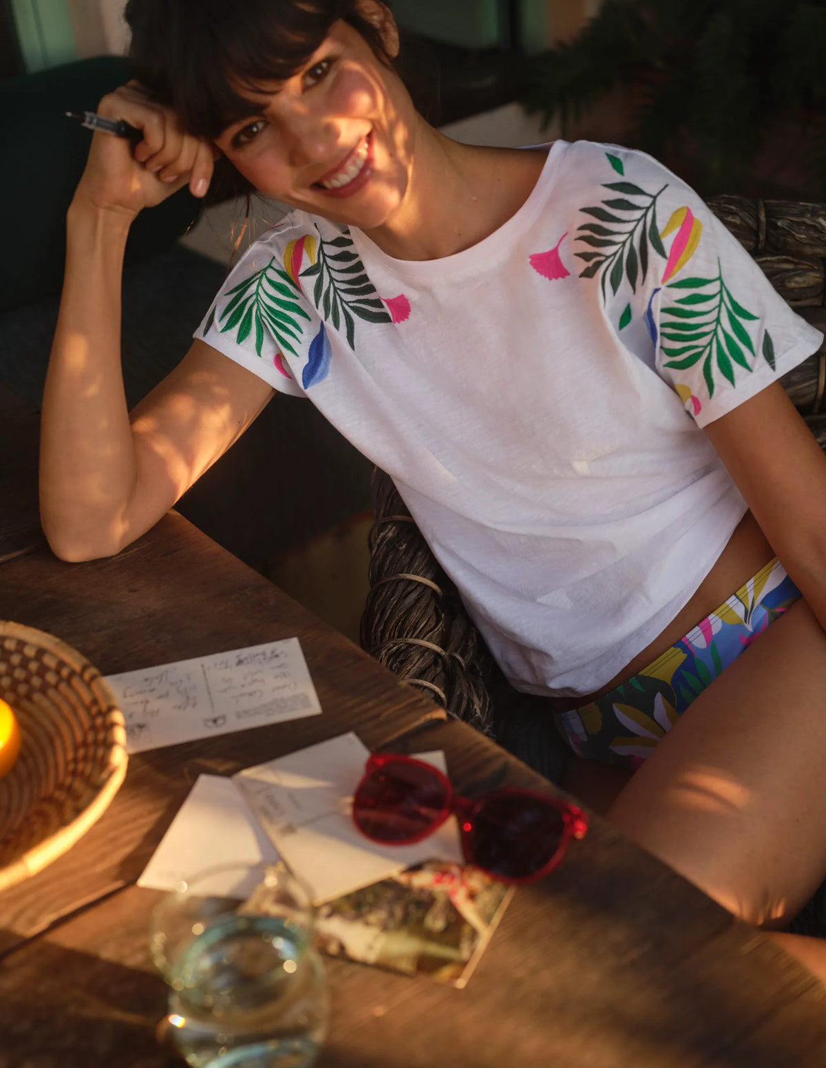 Lena Embroidered Jersey Tee-White, Multi Embroidery