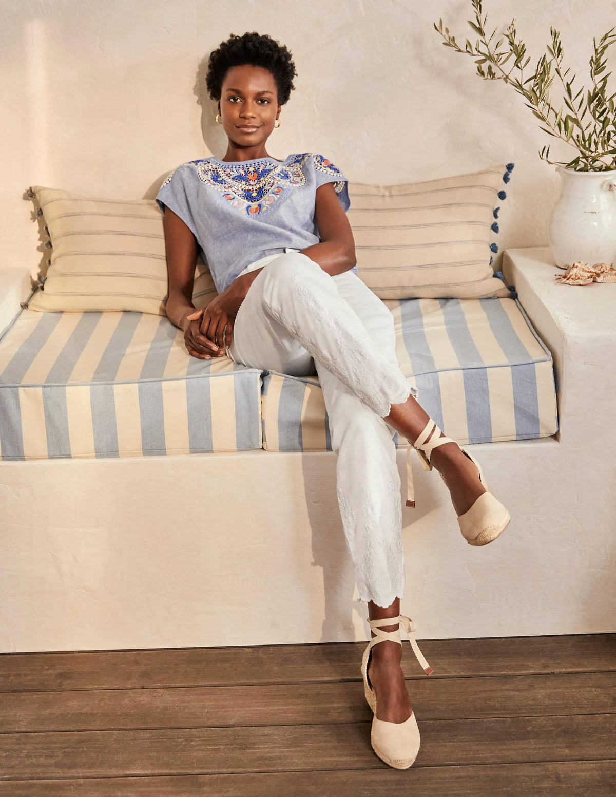 Slim Straight Ankle Skimmers-White Embroidered