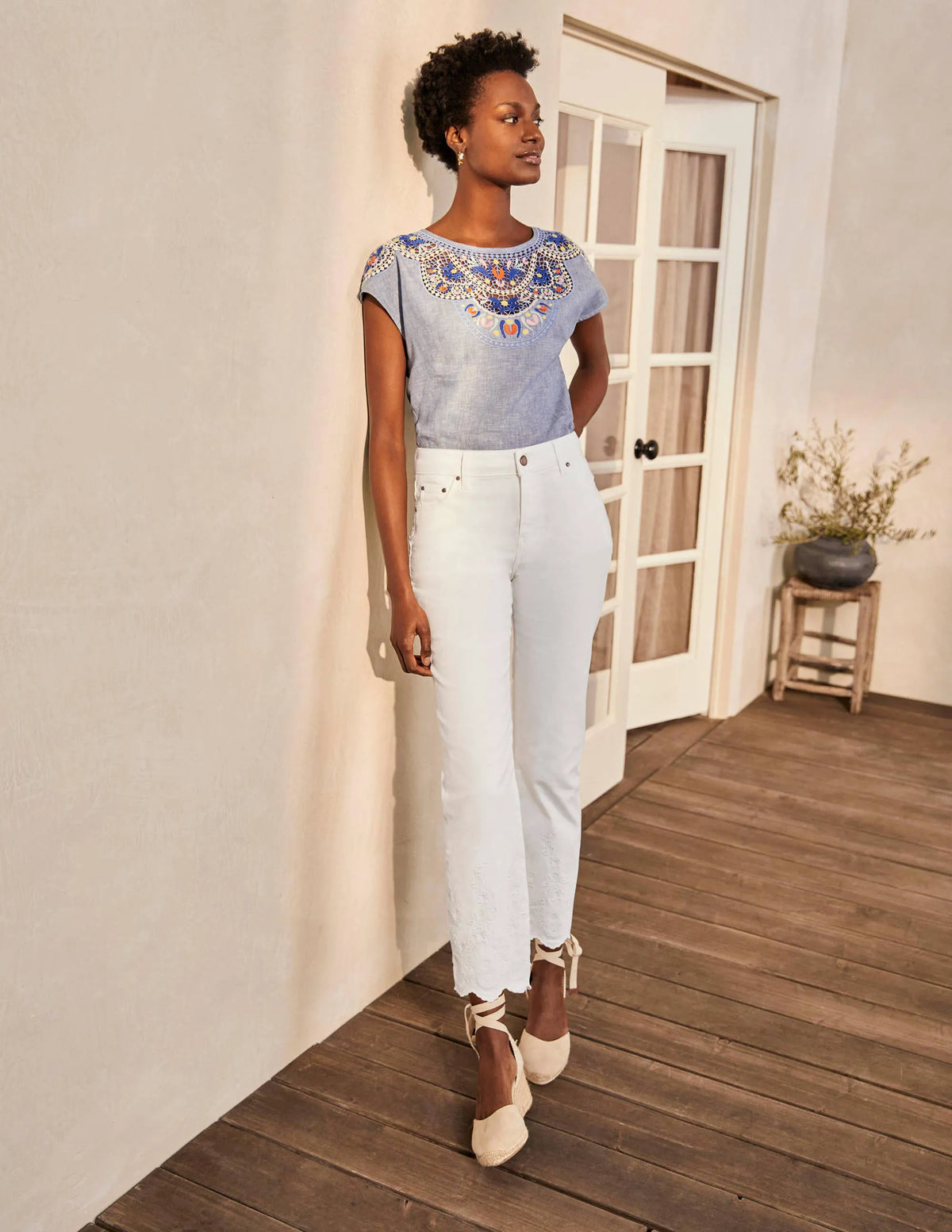 Slim Straight Ankle Skimmers-White Embroidered