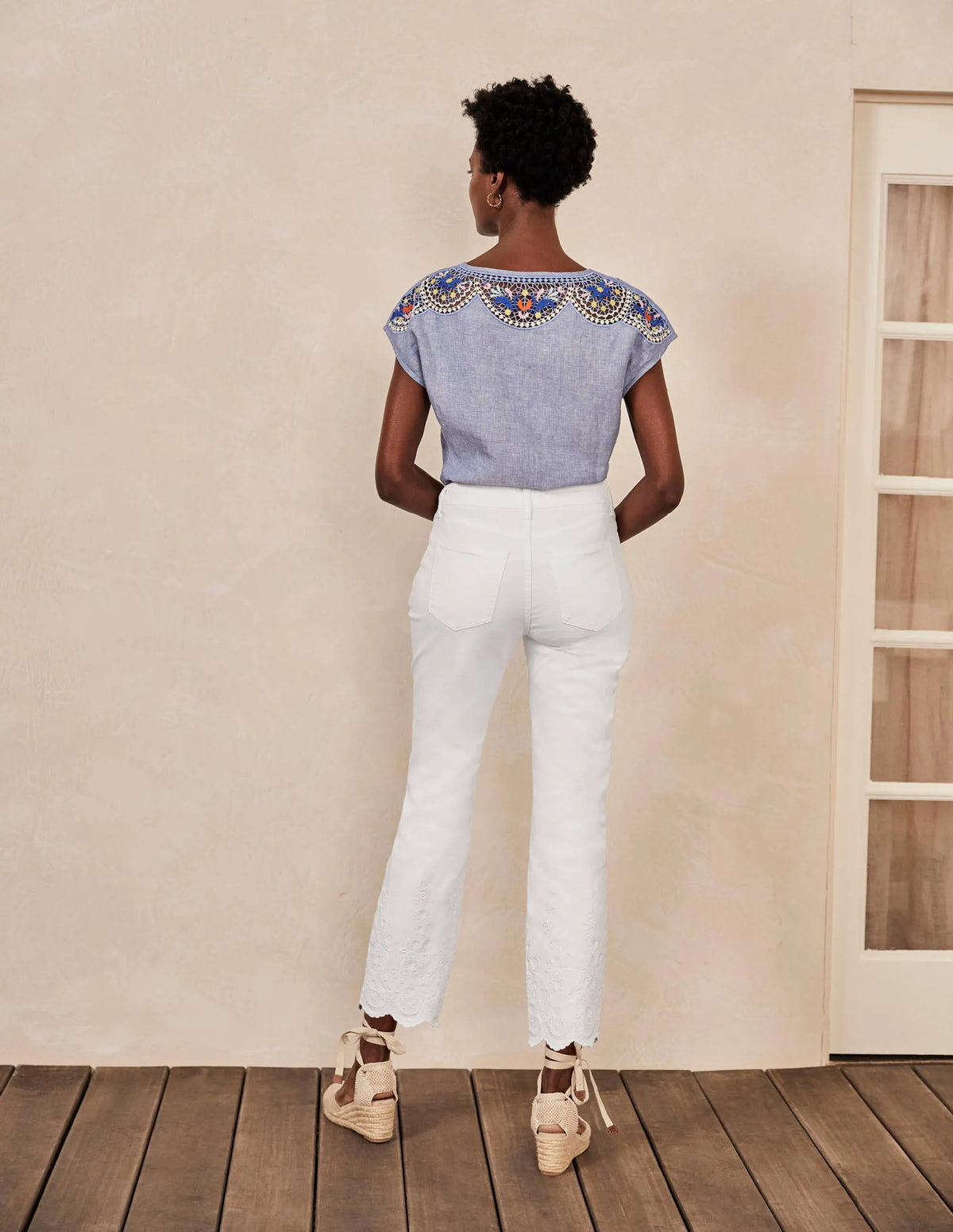 Slim Straight Ankle Skimmers-White Embroidered
