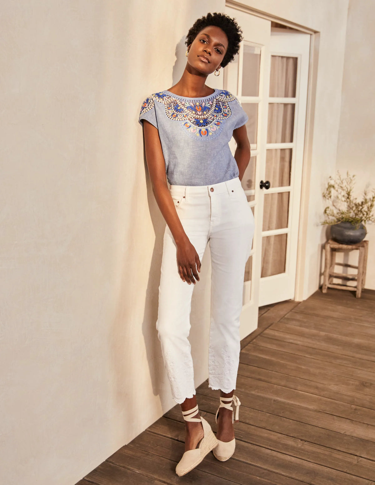 Slim Straight Ankle Skimmers-White Embroidered