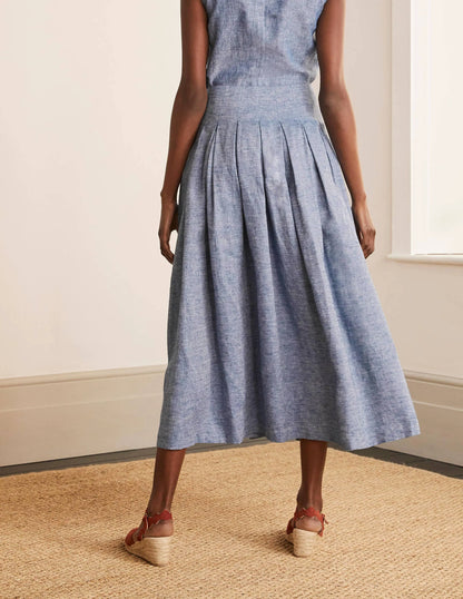 Lydia Linen Pleated Skirt-Chambray