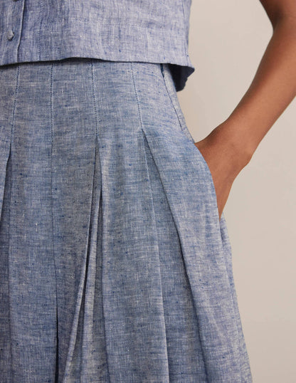 Lydia Linen Pleated Skirt-Chambray