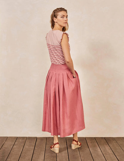 Lydia Linen Pleated Skirt-Dusty Red