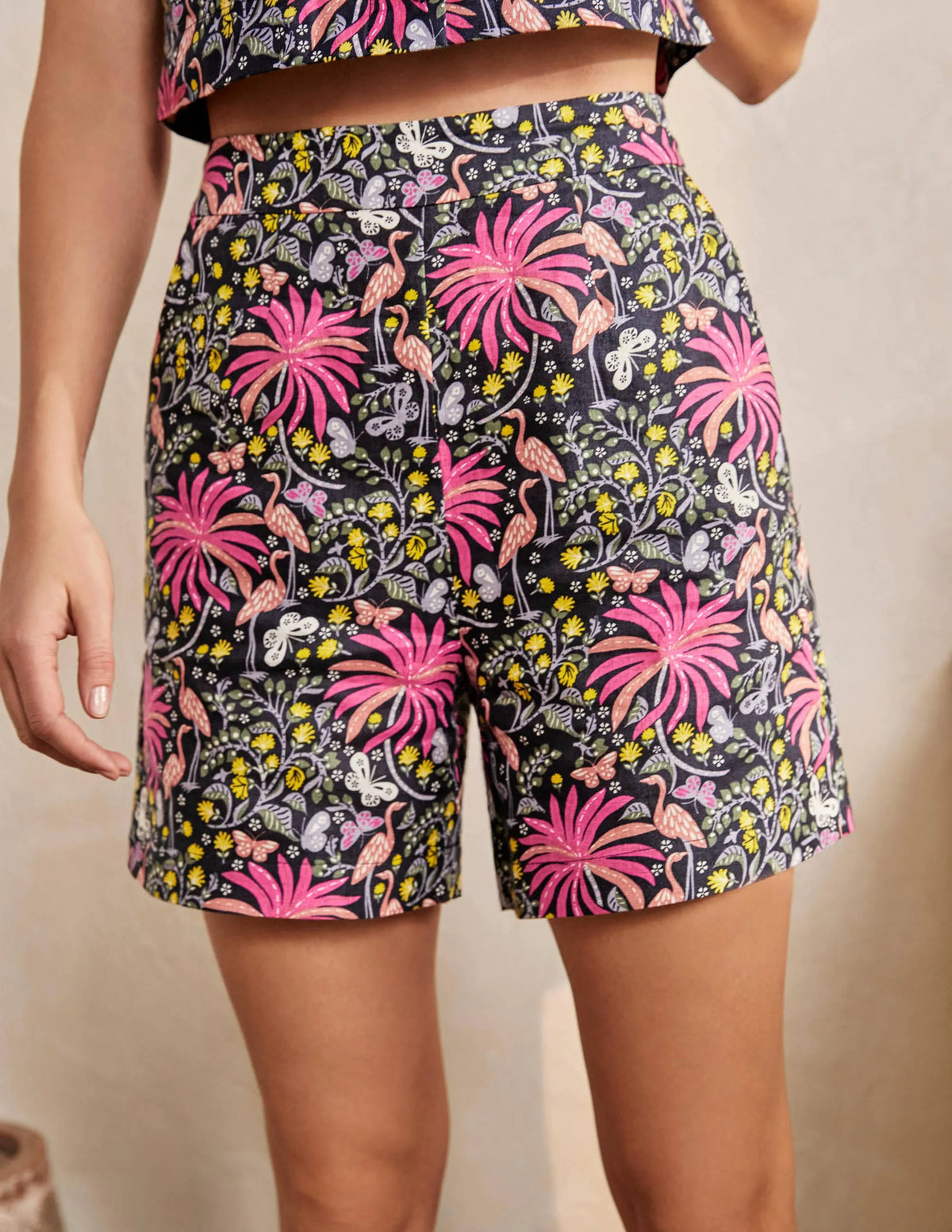 Georgina Linen Shorts-Navy, Tropical Charm