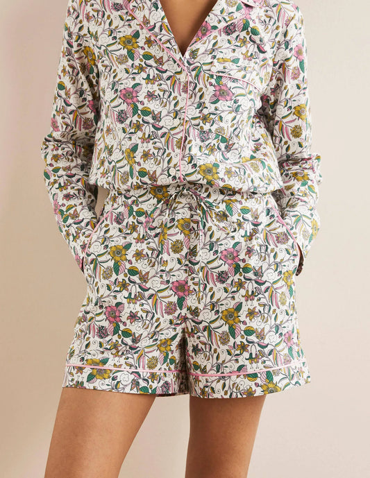 Cotton Pajama Shorts-Ivory, Beautiful Garden