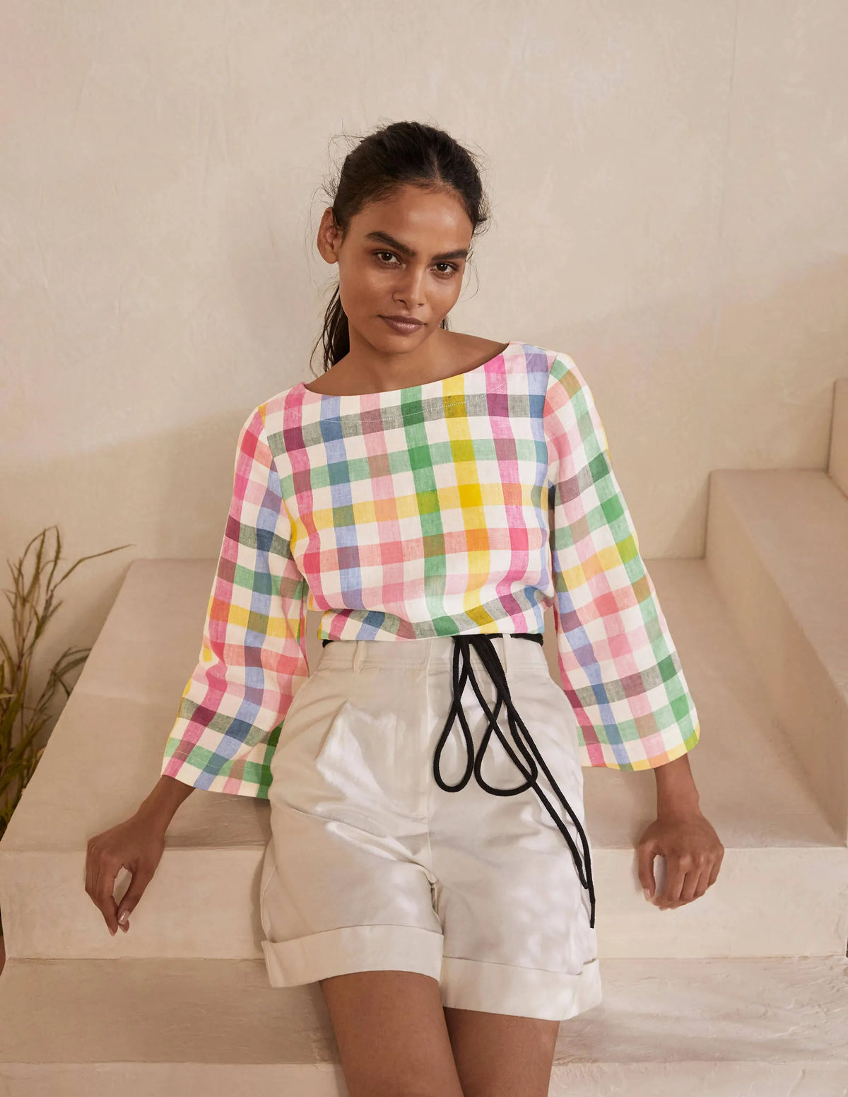 Laurie Linen Top-Party Pink Multigingham